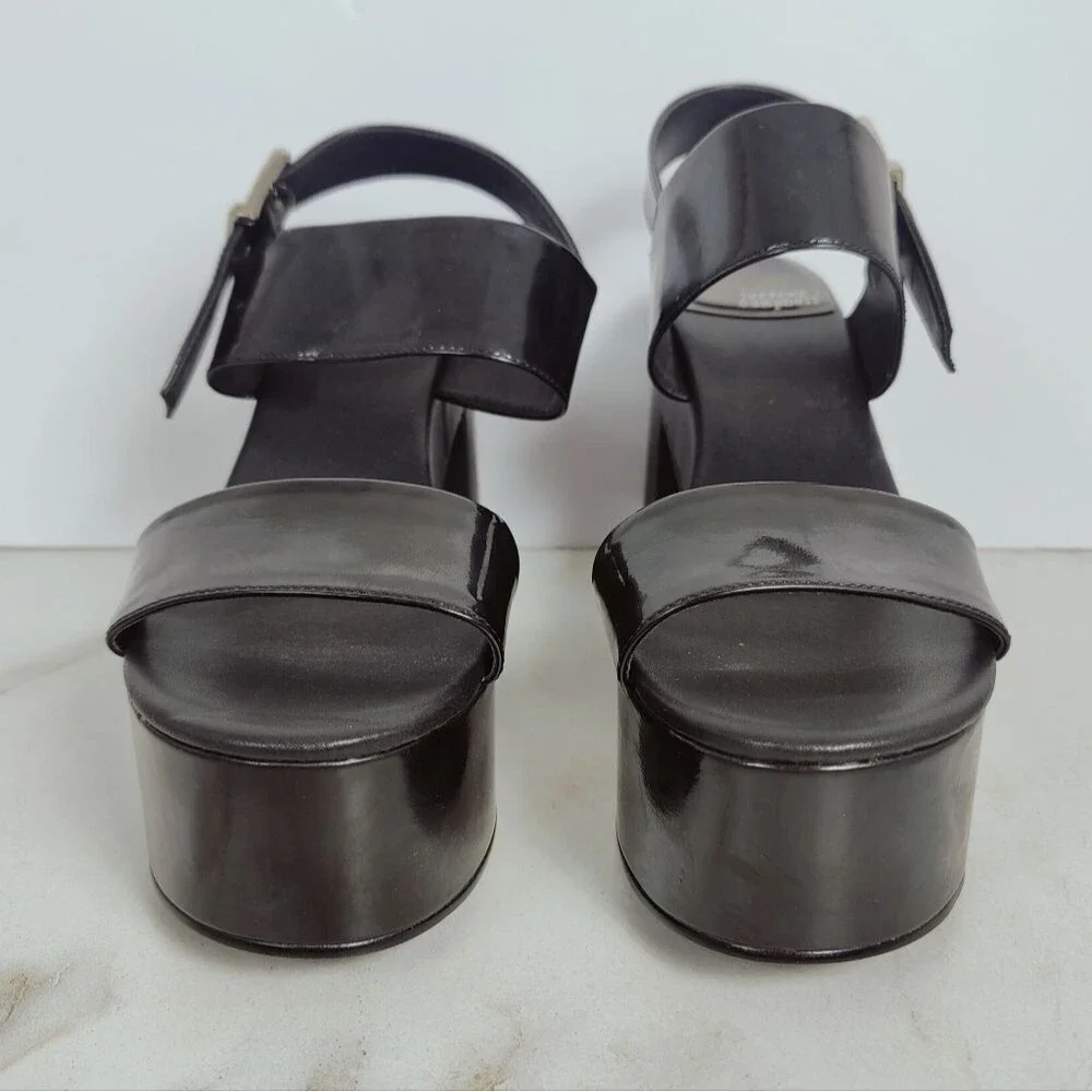 Jeffrey Campbell Moody Black Patent Platform Block Heel Sandals, Sz 9.5